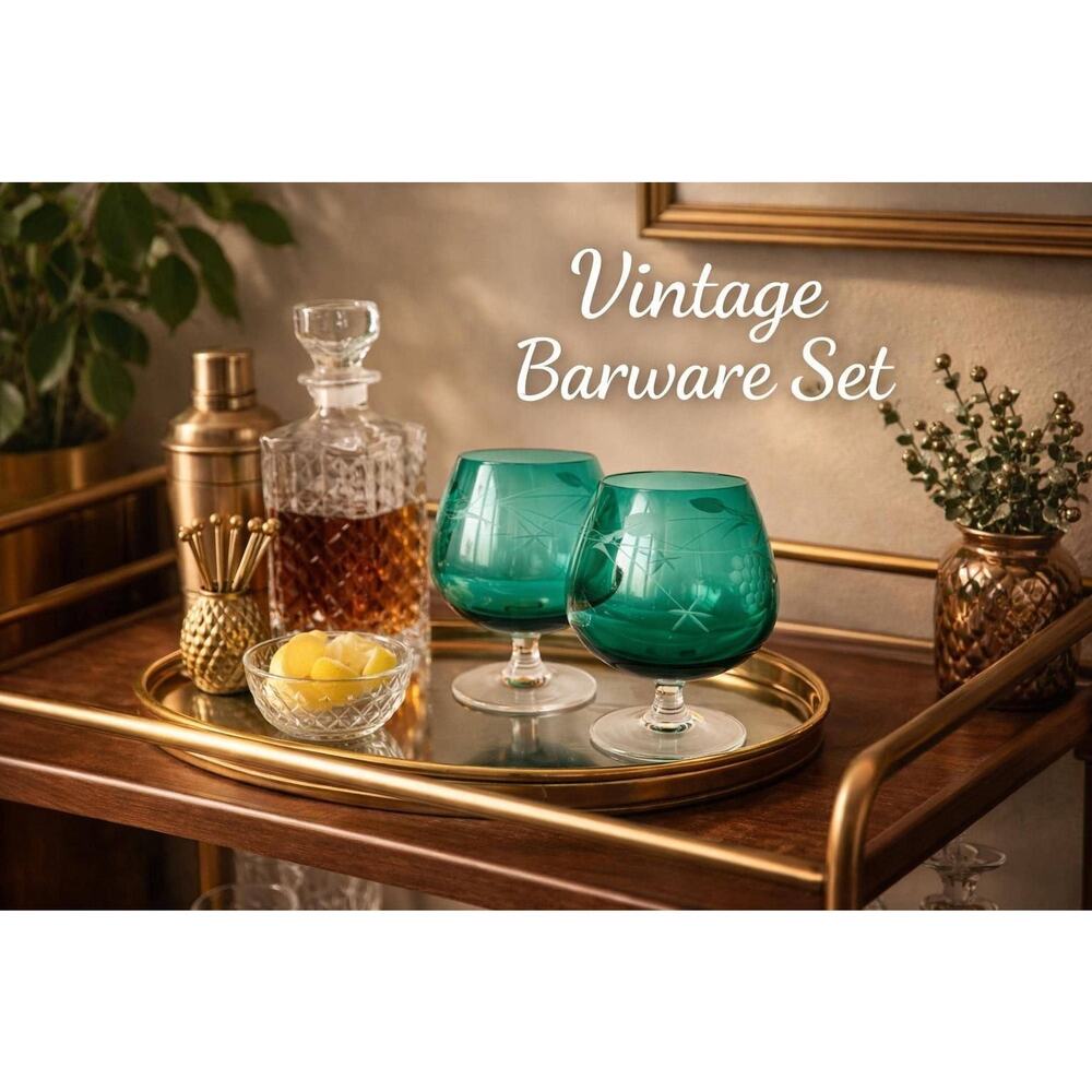 Vintage Emerald Green Brandy Glasses - Etched Grape Design, Set of 2